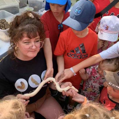 children touching a snake