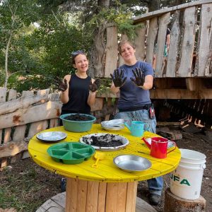 happy ladies with dirt on their hands